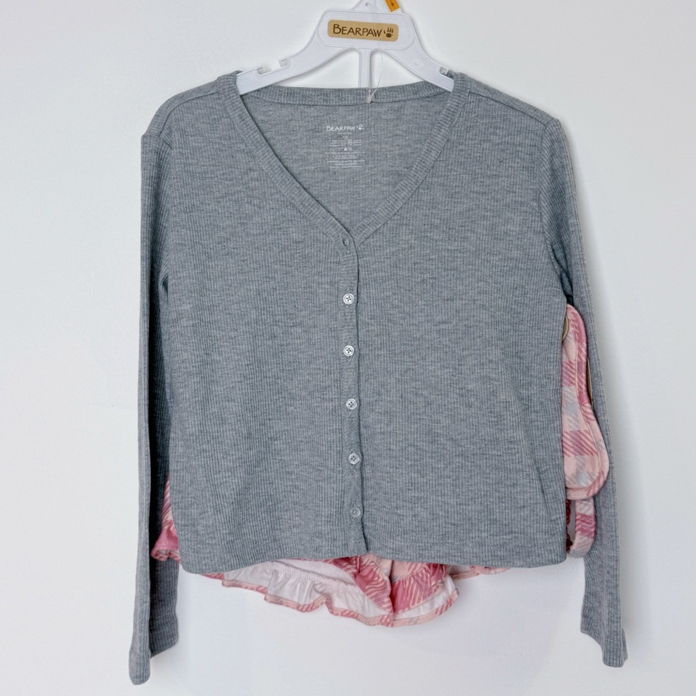 BearPaw Gray V-Neck Cardigan with Shorts Size 7/8, Girls Pajama Set